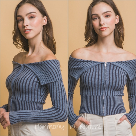 Harmony In Nature Tops - Zip-Me-Up Bardot Ribbed Top - Blue